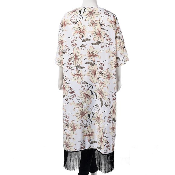 White Lily Pattern Duster Kimono - Picture 2 of 4